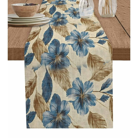 Navy Blue Brown Floral Table Runner Cotton Linen 90 Inch Holiday Dresser Scarves, Tropical Palm Leaves Vintage Tablerunner for Kitchen Coffee Dining Bedroom Living Room Dinner Scarf Décor 13''x90''