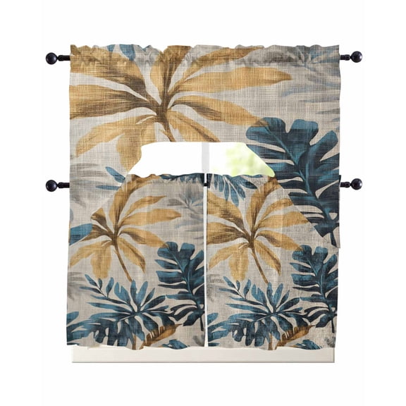 Navy Blue Brown Kitchen Curtains Sets 24 Inch Length with Valance, Rustic Tropical Botanical Palm Leaves Swag Valances and Tiers Curtain Set Drapes Swag Curtains for Living Room, Bathroom, Bedroom