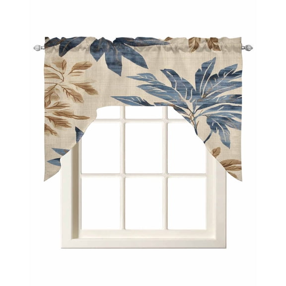 Navy Blue Brown Kitchen Curtains Swag Valance for Windows/Bathroom/Cafe, Tropical Botanical Palm Leaves Rustic Rod Pocket Drape Panel Swag Curtain Valance for Bedroom/Living Room 55''x36''