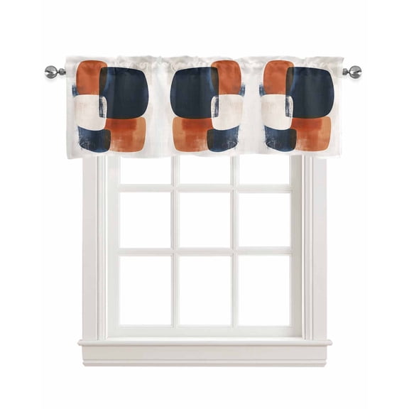 Navy Blue Brown Kitchen Valances for Windows Farmhouse Linen Window Valance Curtain for Living Room Window Treatment Geometric Modern Abstract Art Valance Rod Pocket Topper Drape, 60 x 18 Inch