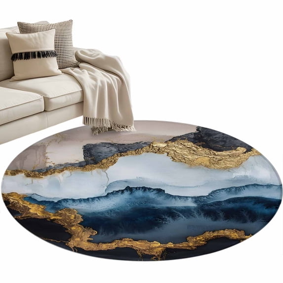 Navy Blue Brown Large Area Rugs for Bedroom Living Room, Soft Non Slip Carpet Bedside Rug, Luxury Modern Art Abstract Round Floor Cover Kitchen Accent Rug 3' for Dining Room/Office