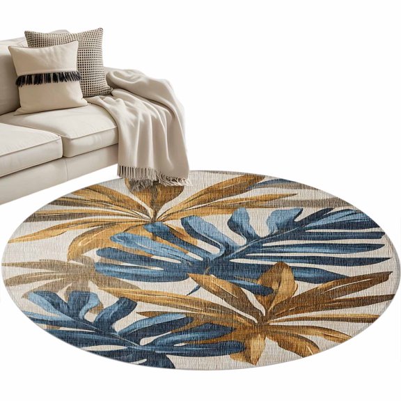 Navy Blue Brown Large Area Rugs for Bedroom Living Room, Soft Non Slip Carpet Bedside Rug, Vintage Elegant Botanical Palm Leaves Round Floor Cover Kitchen Accent Rug 3' for Dining Room/Office