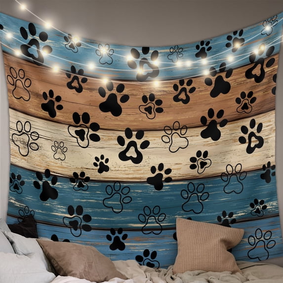 Navy Blue Brown Large Tapestry for Bedroom Wall Hanging Tapestry, Rustic Farmhouse Dog Paw Vintage Ceiling Backdrop Tapestries Poster Blanket Wall Decor for Teens Room Living Room Dorm 85" x 90"