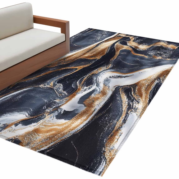 Navy Blue Brown Marble Living Room Rug 4x6 Washable Area Rug for Bedroom, Non-Slip Dining Room Rugs Minimalist Abstract Art Indoor Carpet for Kitchen Entryway Office Nursery Laundry