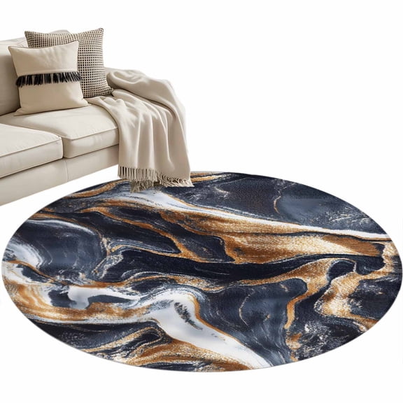 Navy Blue Brown Marble Round Rug 3ft Area Rug Washable Soft Non-Slip 3' Circle Low Pile Rugs Minimalist Abstract Art Carpet for Bedroom Living Room Entryway Home Office Dining Room