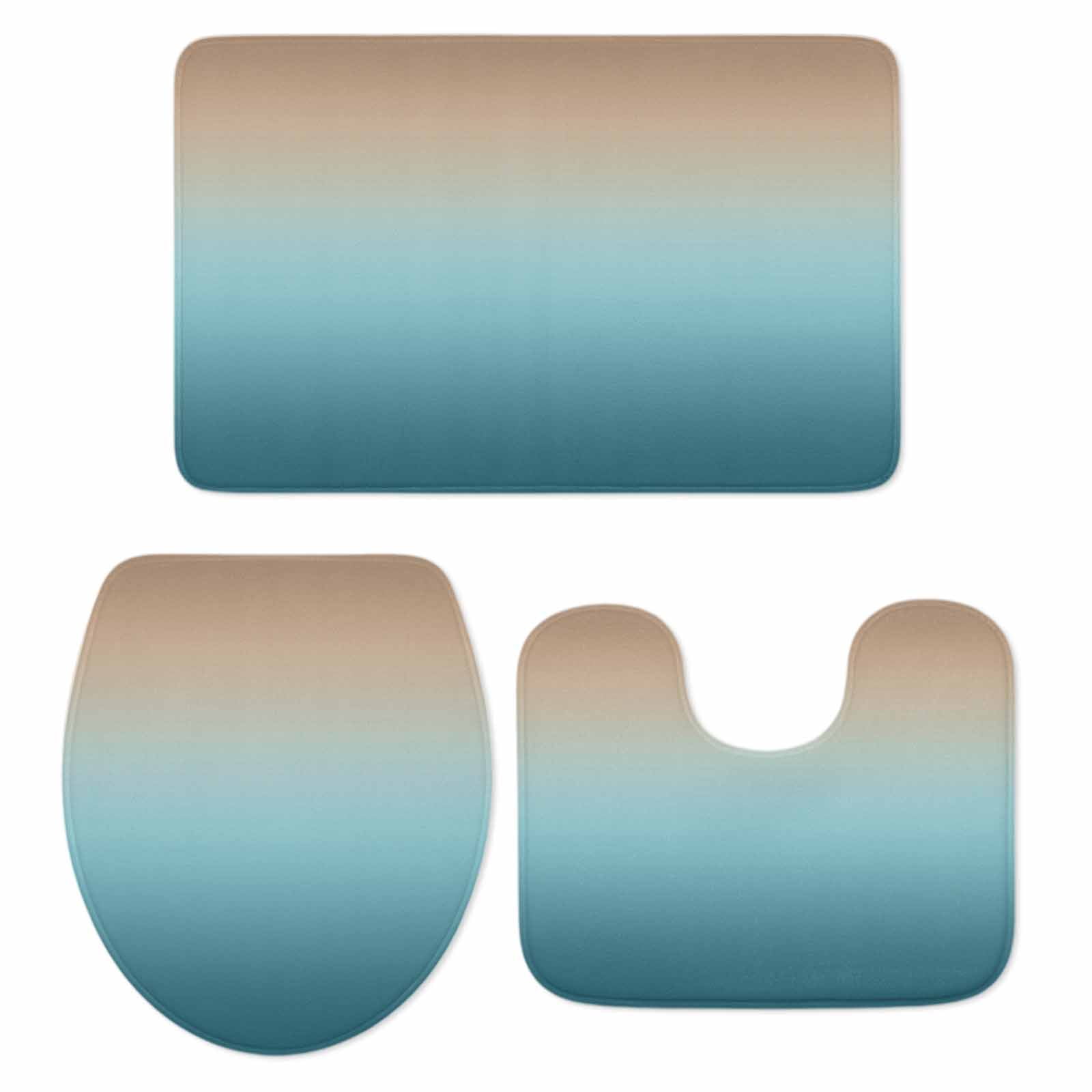 Navy Blue Brown Ombre Bath Mat 3 Piece Bathroom Rug Set, Teal Gradient Color Modern Abstract Art Non Slip Bath Rug Contour Mat and Toilet Lid Cover, Absorbent Shower Mats Soft Bath Rugs and Mats Sets