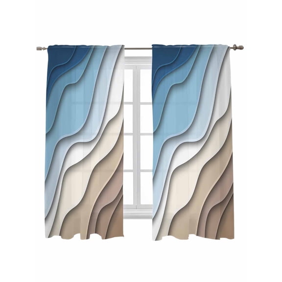 Navy Blue Brown Ombre Curtains 72 Inch Length,Sheer Curtains for Bedroom Living Room Window Modern Geometric Abstract Cream Rod Pocket Drapes Kitchen Curtains Small Half Window 52"x72" 2 Panels