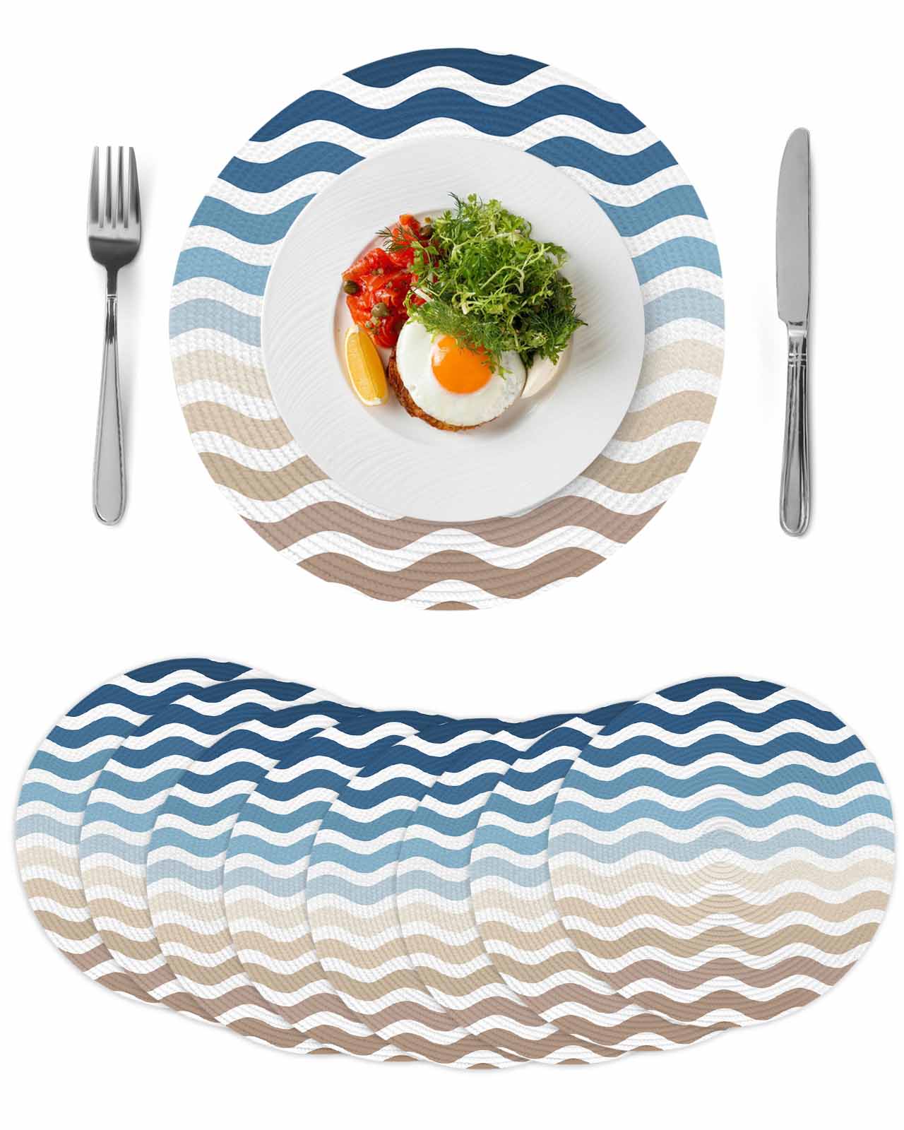 Mat Ripple Navy Blue Brown Ombre Moire Round Placemats Set of 8 for Dinning Tables ...