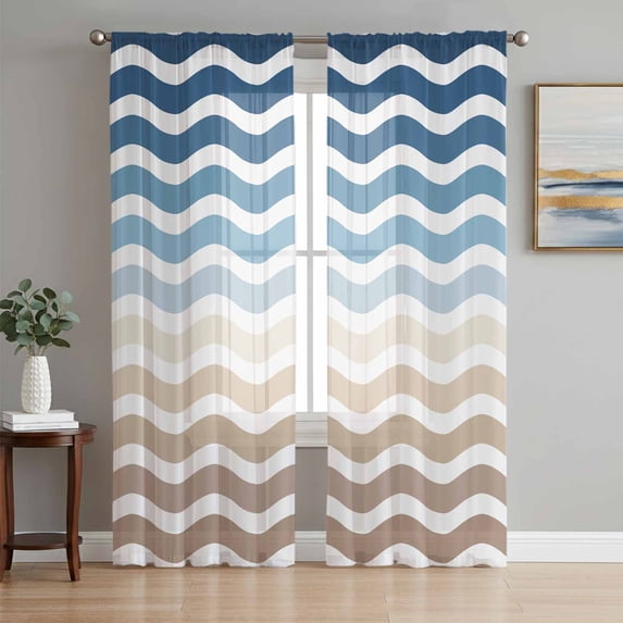 Navy Blue Brown Ombre Moire Semi Sheer Curtains 63 Inch Length 2 Panels Set, Water Ripple Stripe Farmhouse Sheer Kitchen Curtain Privacy Voile Window Curtain for Living Room Bedroom Rod Pocket Drapes