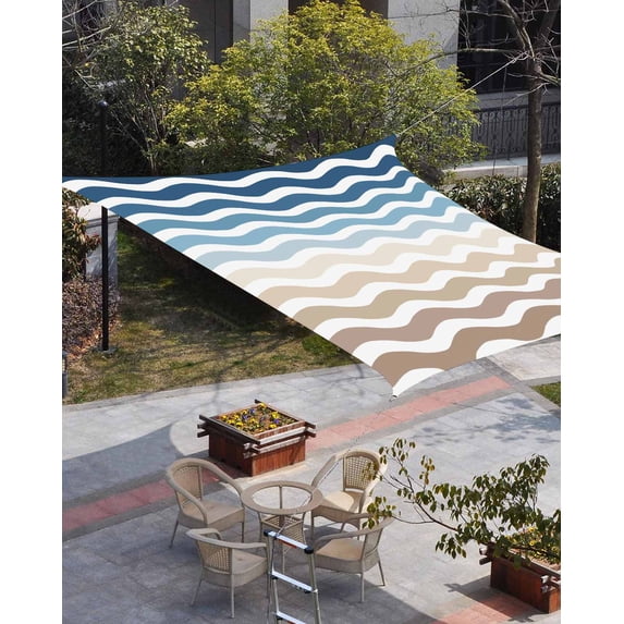 Navy Blue Brown Ombre Moire Sun Shade Sail 12'x16' Rectangle Outdoor Shade Canopy, Water Ripple Stripe Farmhouse Porch Shades Outdoor Sun Blocking Screen, Sunshade Cloth Covers for Patio/Deck/Garden