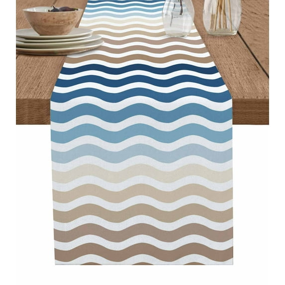 Navy Blue Brown Ombre Moire Table Runner 72 Inches, Water Ripple Stripe Farmhouse Bed Runner Dresser Scarves Tabletop for Indoor Outdoor Parties/Ceremony/Banquet, 14" x 72"