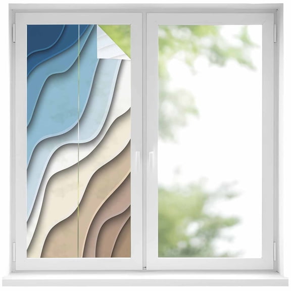 Navy Blue Brown Ombre Privacy Window Film, Decorative Frosted Glass Window Film, Modern Geometric Abstract Cream Reusable Peel and Stick Static Cling for Home Bathroom Office Glass Door 17.7"x39.3"