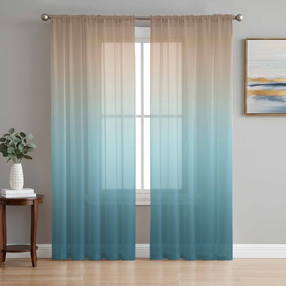 Navy Blue Brown Ombre Semi Sheer Window Curtains 72 Inches Long, Teal Gradient Color Modern Abstract Art Rod Pocket Voile Chiffon Curtain Light Filtering Drapes for Living Room, 52"x72", 2 Panels