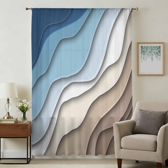 Navy Blue Brown Ombre Sheer Curtains 45 Inches Long, Modern Geometric Abstract Cream Light Filering Curtains, Breathable Simi Curtain Privacy Drapes for Kitchen Bathroom Small Window Treatment