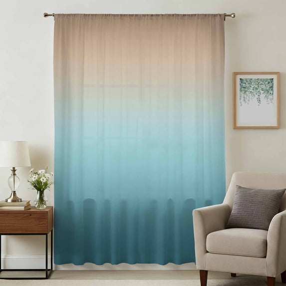 Navy Blue Brown Ombre Sheer Curtains 45 Inches Long, Teal Gradient Color Modern Abstract Light Filering Curtains, Breathable Simi Curtain Privacy Drapes for Kitchen Bathroom Small Window Treatment