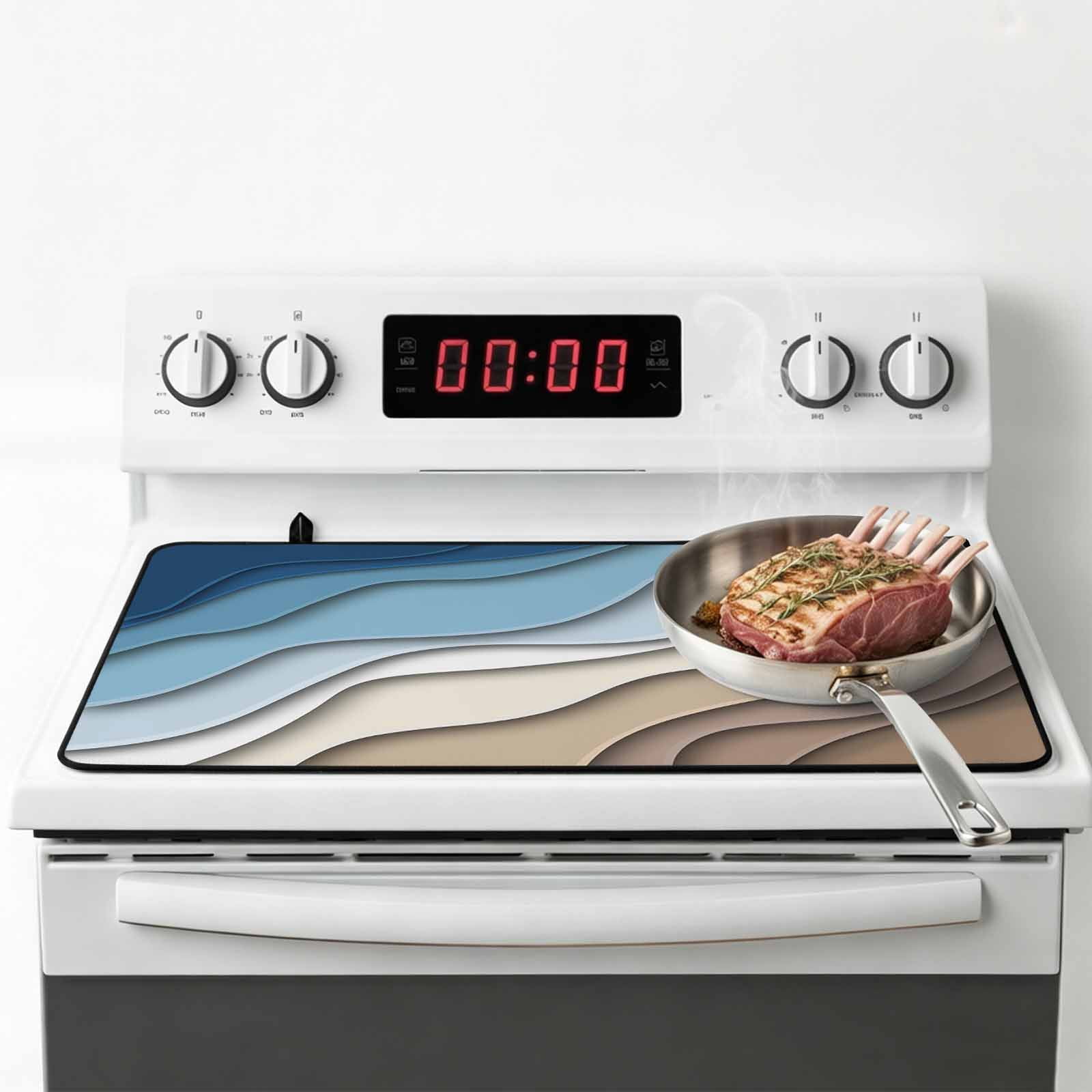 Navy Blue Brown Ombre Stove Top Cover for Electric Stove, Heat-proof & Non Slip Glass Top Stove Cover Protector, Modern Geometric Abstract Cream Kitchen Flat Cooktop Rubber Mat 36x21 Inches
