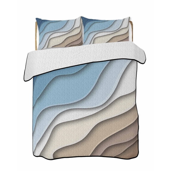 Navy Blue Brown Ombre Summer Quilt Set King Size,Soft Microfiber Quilted Bedding Set with 2 Pillow Shams,Modern Geometric Abstract Cream Lightweight All Season Bedspread Coverlet for Bedroom 96"x106"