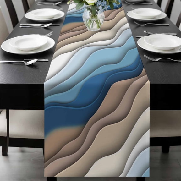 Navy Blue Brown Ombre Table Runner 36 Inches Long, Modern Geometric Abstract Cream Kitchen Coffee Dining Table Decoration for Home Party Birthday Wedding Home Decor 13x36 Inches