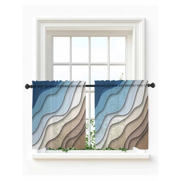 Navy Blue Brown Ombre Tier Curtains 24 Inch Length,Sheer Curtains for Bedroom Living Room Window Modern Geometric Abstract Cream Voile Drapes Kitchen Curtains Small Half Window 27.5"x24" 2 Panels