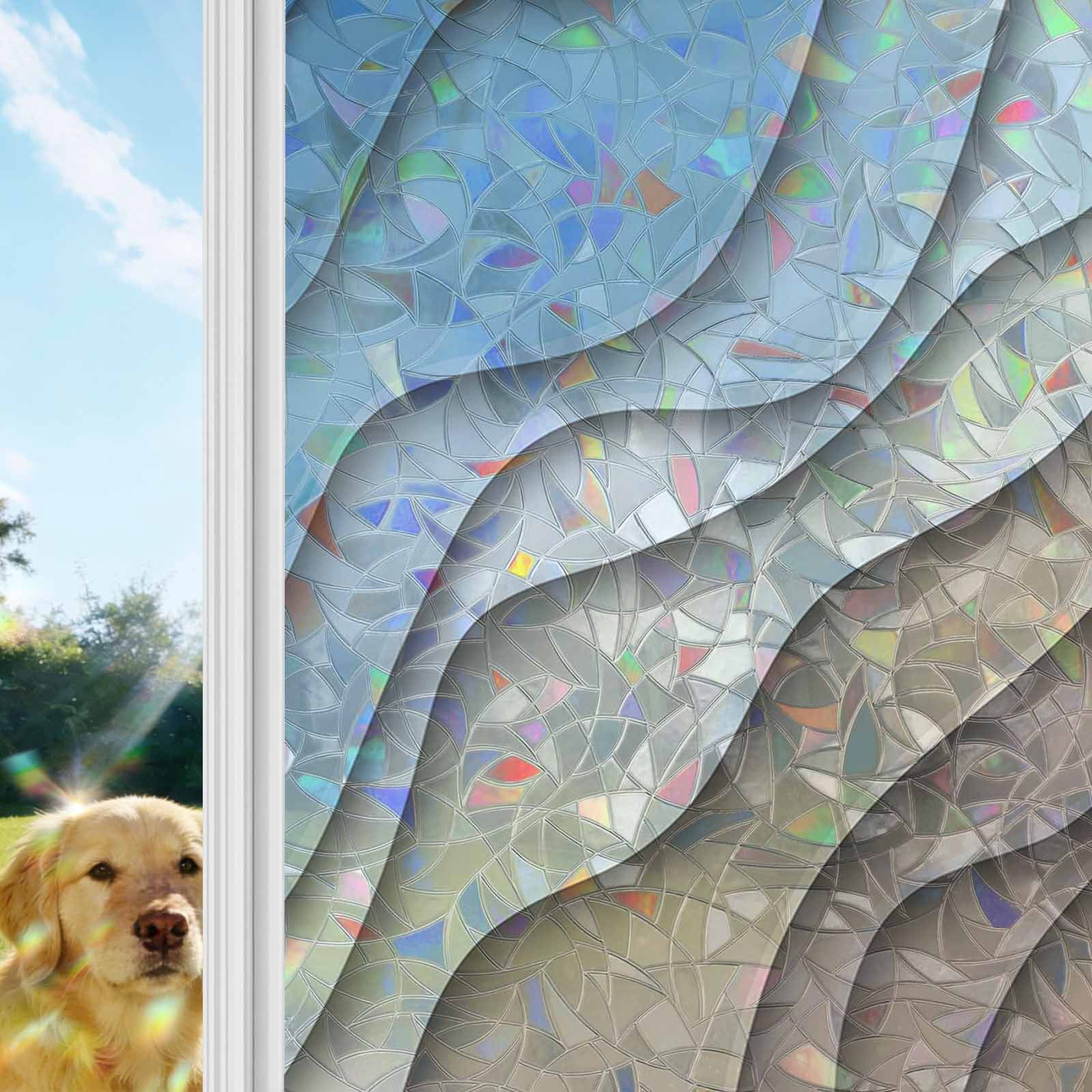 Navy Blue Brown Ombre Window Privacy Film Stain Glass,Reusable Decorative Rainbow Window Film,Modern Geometric Abstract Cream Static Cling Sun Blocking Stickers Decals Covers 29.5" x 78.7" (2pcs)