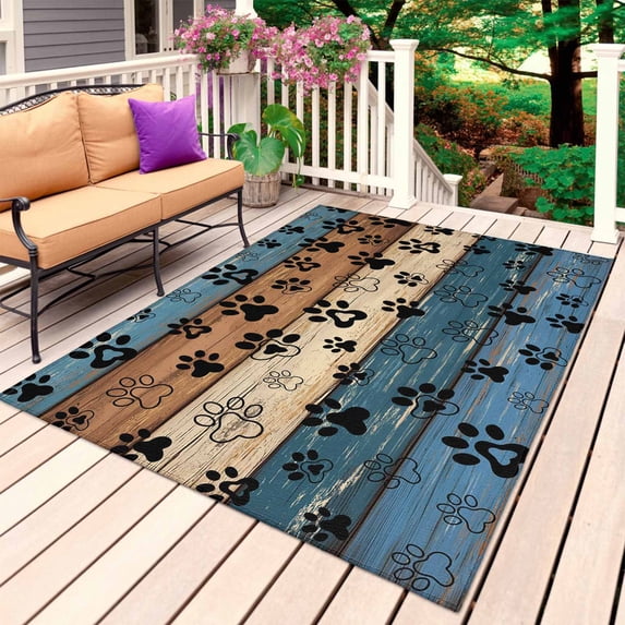 Navy Blue Brown Outdoor Rug 5x7 Ft, Non Slip Washable Area Rug, Rustic Farmhouse Dog Paw Vintage Patio Rugs Carpet Runner, Large Floor Mat for Indoor/Outdoor Deck Porch Camping
