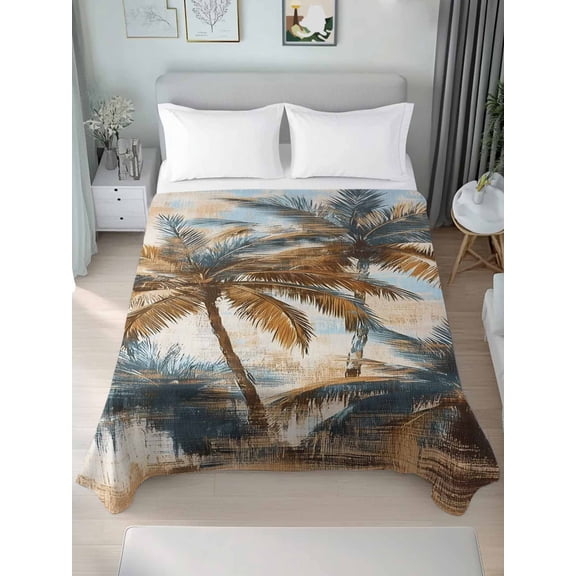 Navy Blue Brown Palm Tree California King Size Flat Sheet, Wrinkleproof & Fadeproof Cooling Flat Bed Sheet Only, Tropical Leaves Vintage Breathable Soft Bedding Top Sheets 108 x 98 Inches