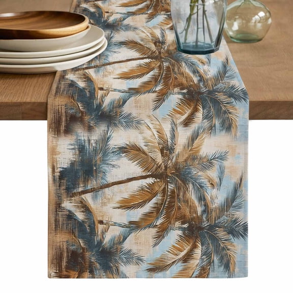 Navy Blue Brown Palm Tree Cotton Linen Table Runner for Dining Kitchen, Tropical Leaves Vintage Wedding Outdoor Party Tablerunners Decoration, Dresser Scarf Coffee Tablecloth Runners 13x48 Inches