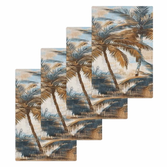 Navy Blue Brown Palm Tree Hand Towels Set, Waffle Weave Kitchen Towels 4 Pieces, Tropical Leaves Vintage Microfiber Hair Face Bath Tea Towel Absorbent Quick Drying Cleaning Dish Cloths, 15.7"x23.6"