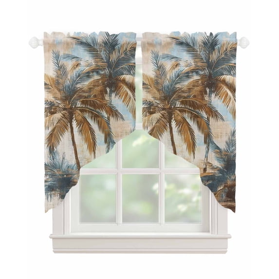 Navy Blue Brown Palm Tree Swag Valances for Windows, Tropical Leaves Vintage Rod Pocket Sheer Valances for Small Windows, Swag Toppers Light Filtering for Kitchen Living Room 2 Panels 28''x36''