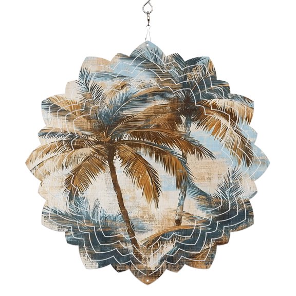 Navy Blue Brown Palm Tree Wind Spinner for Yard and Garden, Tropical Leaves Vintage Hanging Wind Spinner Outdoor 3D Kinetic Wind Sculpture Spinners Indoor Outdoor Patio Décor Ornaments Gift 8 Inch