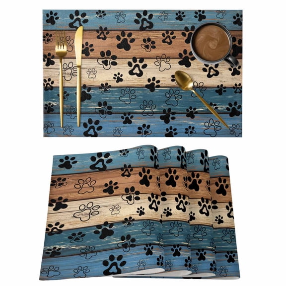 Navy Blue Brown Placemats Set of 4, Rustic Farmhouse Dog Paw Vintage Placemats for Dining Table, Place Mats for Kitchen Tabletop, Waterproof Wipeable Dining Table Mats Set