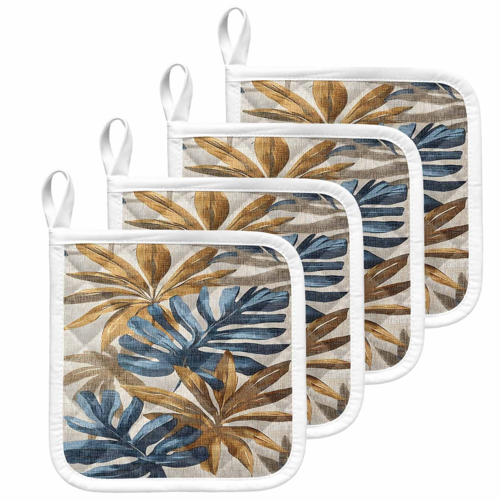 Navy Blue Brown Pot Holders for Kitchen Heatproof Potholder, 4 Pack Vintage Elegant Botanical Palm Leaves Hot Pads Multipurpose Oven Pads Cloth Potholders Trivet for Cooking and Baking