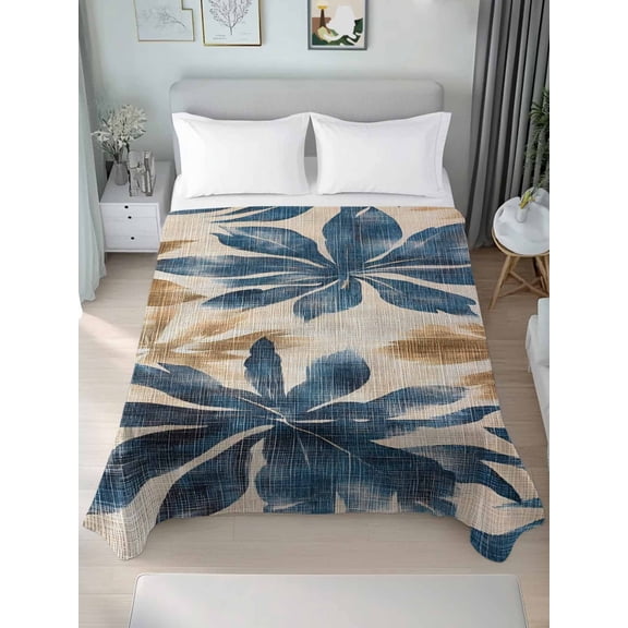Navy Blue Brown Queen Size Flat Sheet, Wrinkleproof & Fadeproof Cooling Flat Bed Sheet Only, Tropical Botanical Palm Leaves Vintage Breathable Soft Bedding Top Sheets 90 x 102 Inches