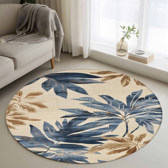 Navy Blue Brown Round Area Rug 4ft, Tropical Botanical Palm Leaves Rustic Washable Non-Slip Circle Rugs for Bedroom Living Room Kitchen, Soft Non Shedding Circle Carpet for Dining Room Dorm