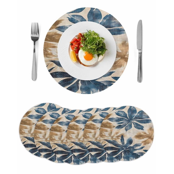 Navy Blue Brown Round Placemats Set of 6 for Dinning Tables,Heat-proof Braided Table Mats 15 Inch,Tropical Botanical Palm Leaves Vintage Washable Place Mat for Kitchen Restaurant Party Table Decor