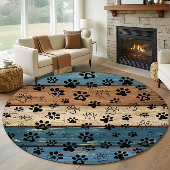 Navy Blue Brown Round Rug 5ft Washable Circle Kitchen Rugs Non Slip Rustic Farmhouse Dog Paw Vintage Large Area Rug Indoor Floor Carpet for Bedroom Living Room Home Office Dining Room Nursery