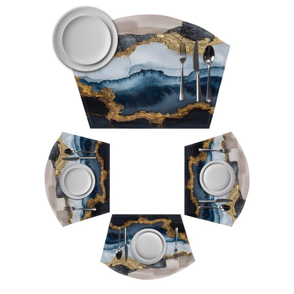 Navy Blue Brown Round Table Placemats Set of 2 Wedge Placemats, Luxury Modern Art Abstract Place Mats for Dining Table Set Washable Mats Kitchen Decor for Indoor Outdoor Wipe Clean