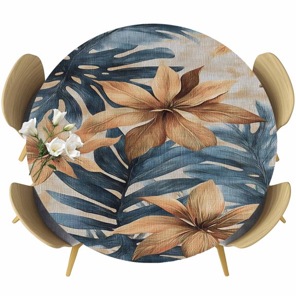 Navy Blue Brown Round Tablecloth 36-44 Inch Round Fitted Table Cloth with Elastic Edge, Tropical Palm Leaves Wildflower Botanical Waterproof Table Cover Protector for Outdoor Picnic Party Dining