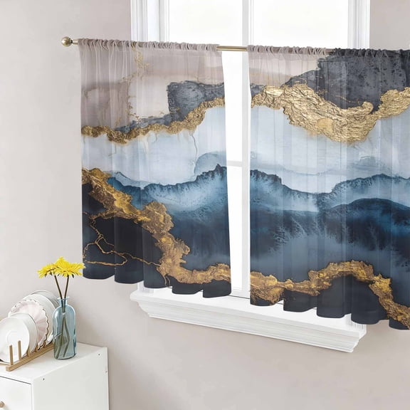 Navy Blue Brown Sheer Curtains 45 Inch Length 2 Panels Set, Luxury Modern Art Abstract Voile Window Treatment Rod Pocket Small Kitchen Curtains Drapes for Bedroom 52"x45"x2