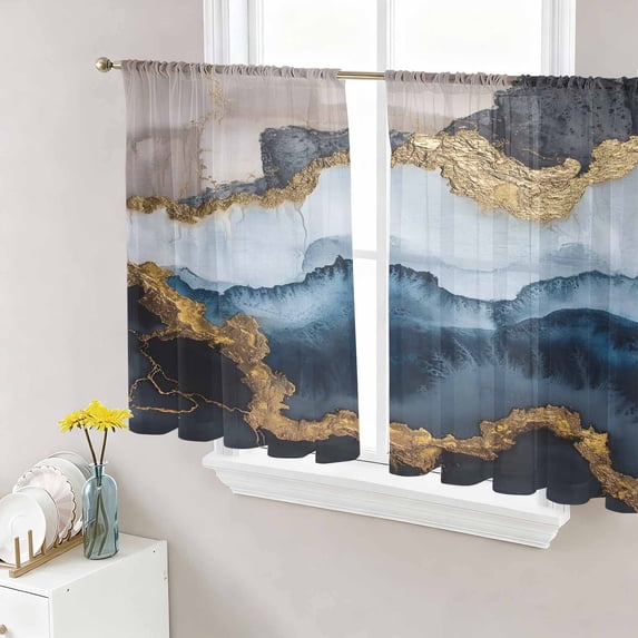 Navy Blue Brown Sheer Curtains 54 Inch Length 2 Panels Set, Luxury Modern Art Abstract Voile Window Treatment Rod Pocket Short Kitchen Curtains Drapes for Bedroom 52"x54"x2