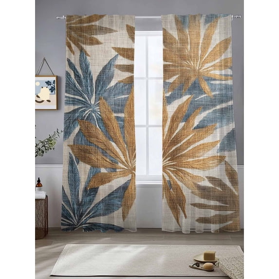 Navy Blue Brown Sheer Curtains for Living Room Bedroom Retro Tropical Palm Leaves Botanical Sheer Curtains 84 Inch Long 2 Panels Set Light Filtering Curtain Window Treatments Drapes for Dining Room