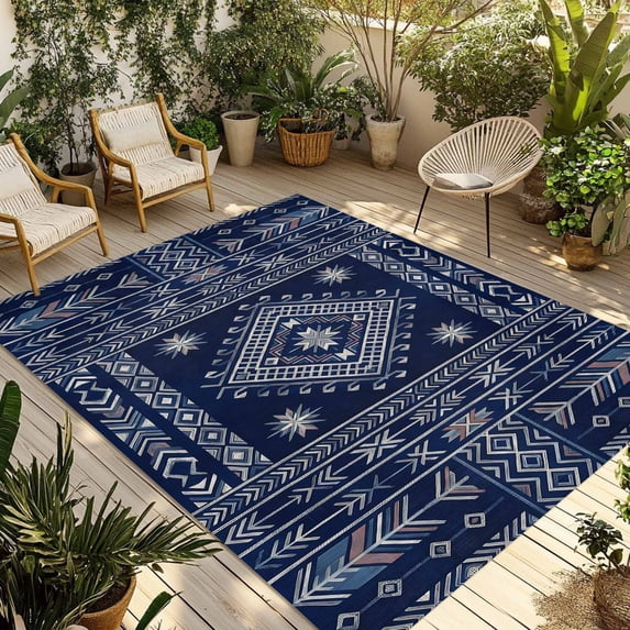 Navy Blue Brown Southwest Outdoor Rug for Patio/Deck/Porch, Non-Slip Large Area Rug 4 x 6 Ft, Boho Ethnic Western Geometric Indoor Outdoor Rugs Washable Area Rugs, Camping Rug Carpet Runner