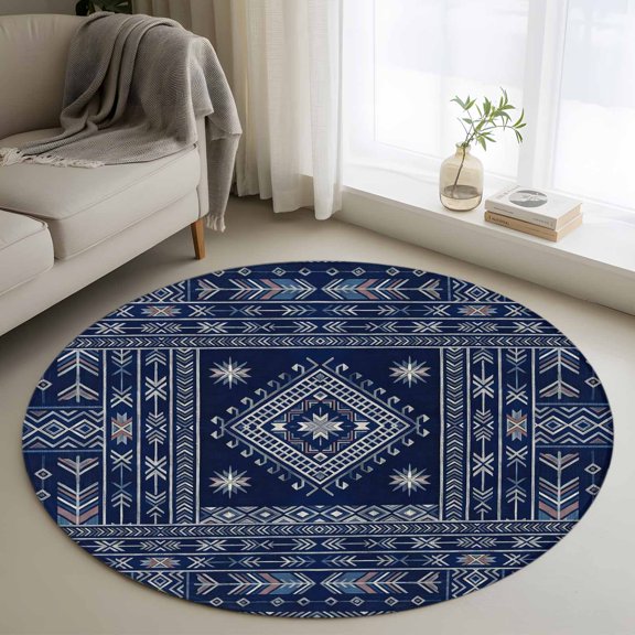 Navy Blue Brown Southwest Round Area Rug 3Ft Washable Small Circle Rugs for Kitchen Entryway, Boho Ethnic Western Geometric Non-Slip Carpet Floor Mats Indoor Outdoor Carpet Runner Home Decor