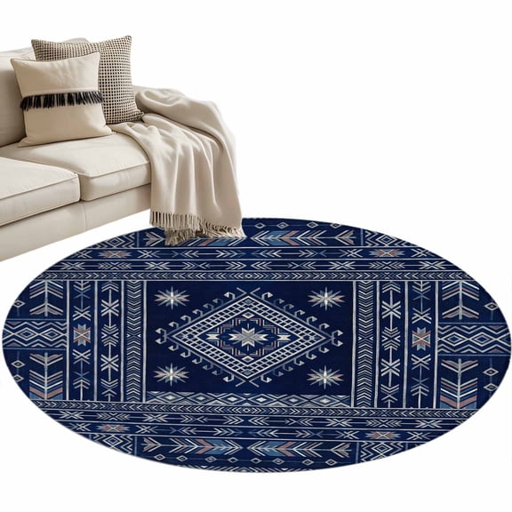Navy Blue Brown Southwest Round Rug 3.3ft Washable Circle Entryway Rugs Non Slip Boho Ethnic Western Geometric Area Rug Indoor Floor Carpet for Bedroom Kitchen Living Room Office Dining Room Nursery