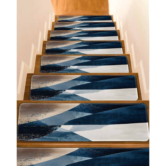 Navy Blue Brown Stair Treads for Wooden Steps Indoor Runner Rug Carpet, Modern Geometric Abstract Art 4 Pieces Peel and Stick Staircase Step Treads Covers Washable Throw Door Mats, 30"x8"