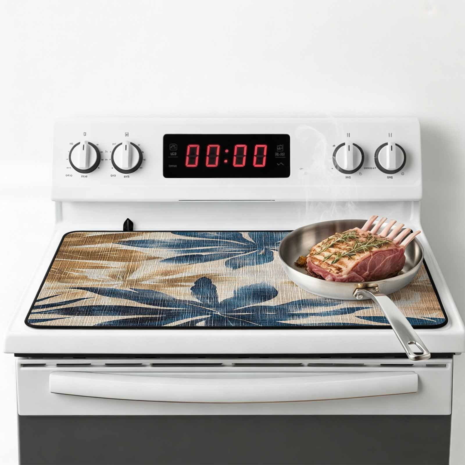 Navy Blue Brown Stove Top Cover for Electric Stove, Heat-proof & Non Slip Glass Top Stove Cover Protector, Tropical Botanical Palm Leaves Vintage Kitchen Flat Cooktop Rubber Mat 24x21 Inches