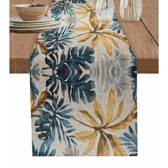 Navy Blue Brown Table Runner Cotton Linen 36 Inch Holiday Dresser Scarves, Rustic Tropical Botanical Palm Leaves Tablerunner for Kitchen Coffee Dining Bedroom Dinner Scarf Décor 13''x36''