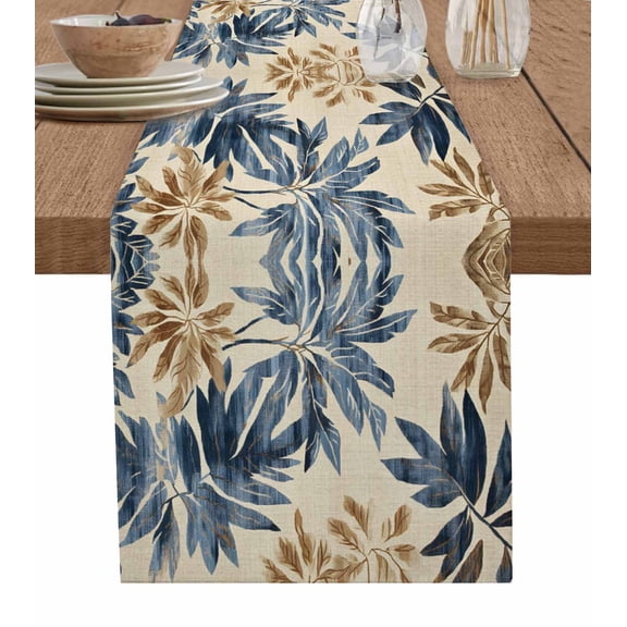 Navy Blue Brown Table Runner Cotton Linen 48 Inch Holiday Dresser Scarves, Tropical Botanical Palm Leaves Rustic Tablerunner for Kitchen Coffee Dining Bedroom Dinner Scarf Décor 13''x48''