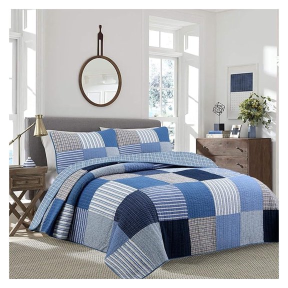 Navy Blue Brown Tan Plaid Striped 100% Cotton Reversible Quilt Bedding Set, All-Season Coverlet Bedspread (Denim Patchwork, Twin - 2 piece)