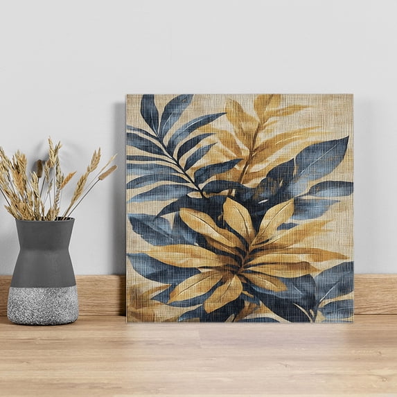 Navy Blue Brown Wall Art Painting on Canvas, Tropical Palm Leaves Vintage Canvas Art Home Prints Wall Art Framed Modern Artwork for Living Room Bedroom Wall Decor 8x8in